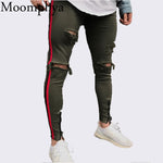 New Arrived Men side red stripe biker jeans denim ripped