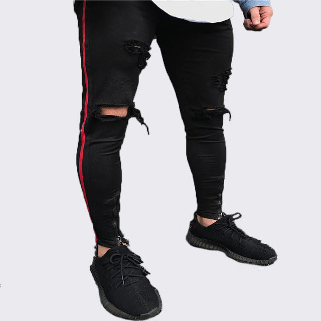 New Arrived Men side red stripe biker jeans denim ripped