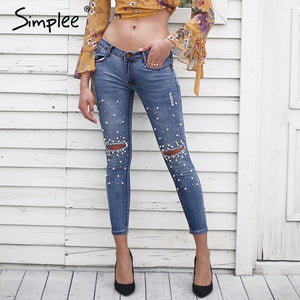 Streetwear pearl hole jeans female Casual pocket