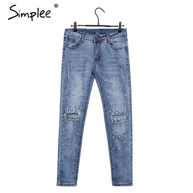 Streetwear pearl hole jeans female Casual pocket