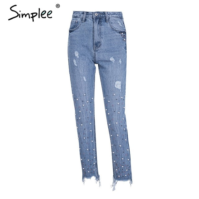 Pearl tassels blue high waist  jeans female Casual streetwear