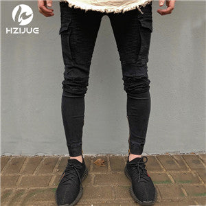 Hi-Street Men Knee Eversion Ripped Big Hole Men Jeans