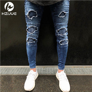 Hi-Street Men Knee Eversion Ripped Big Hole Men Jeans