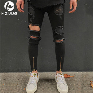 Hi-Street Men Knee Eversion Ripped Big Hole Men Jeans